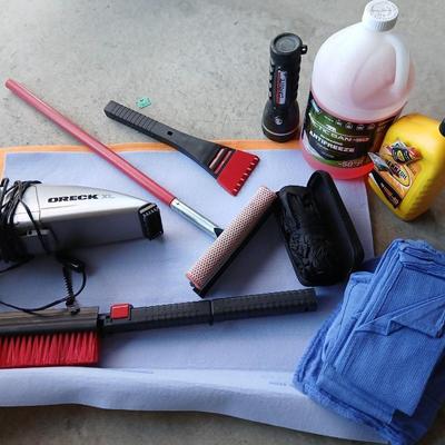 Automotive care / detailing rags, squeegee, Oreck 12-volt vacuum, wiper fluid, and more