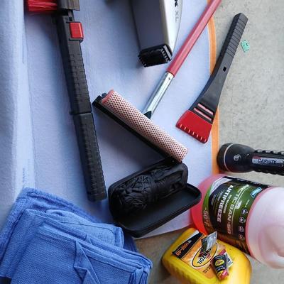 Automotive care / detailing rags, squeegee, Oreck 12-volt vacuum, wiper fluid, and more