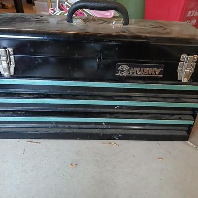 Nice little Husky metal toolbox with an assortment of odds and end tools
