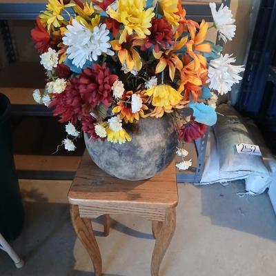 Small oak stand / table with bouquet of beautiful faux flowers in a large pot