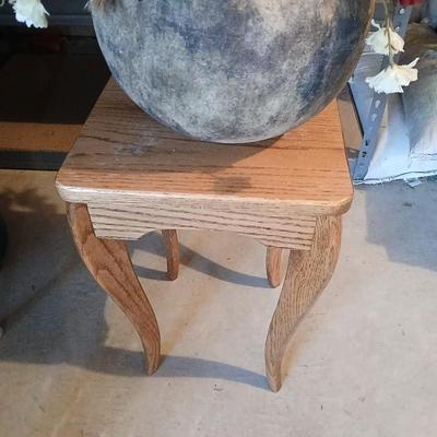Small oak stand / table with bouquet of beautiful faux flowers in a large pot
