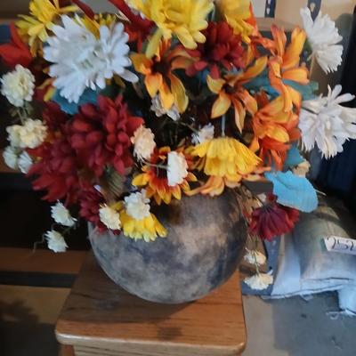 Small oak stand / table with bouquet of beautiful faux flowers in a large pot