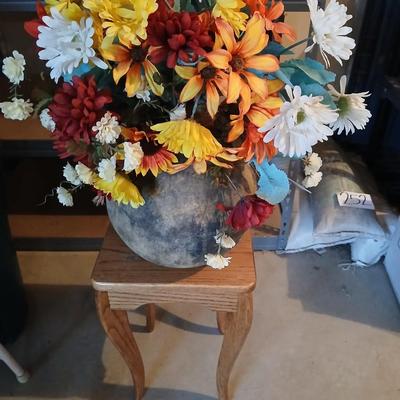 Small oak stand / table with bouquet of beautiful faux flowers in a large pot