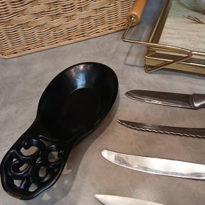 Kitchen knives - tray - wicker basket - cast iron spoon rest - cheese cloth and more