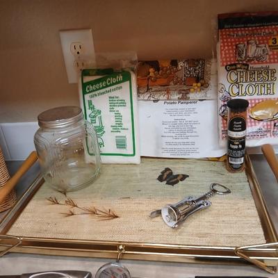 Kitchen knives - tray - wicker basket - cast iron spoon rest - cheese cloth and more