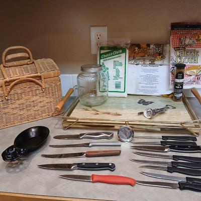 Kitchen knives - tray - wicker basket - cast iron spoon rest - cheese cloth and more