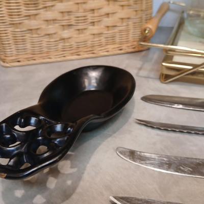 Kitchen knives - tray - wicker basket - cast iron spoon rest - cheese cloth and more