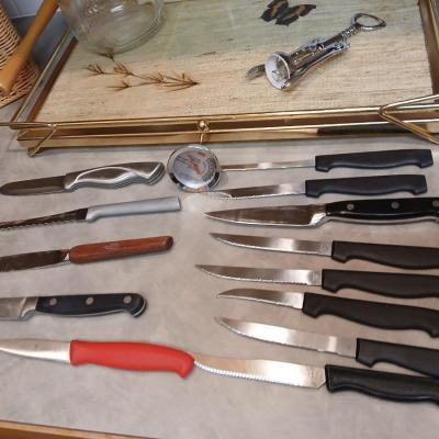 Kitchen knives - tray - wicker basket - cast iron spoon rest - cheese cloth and more