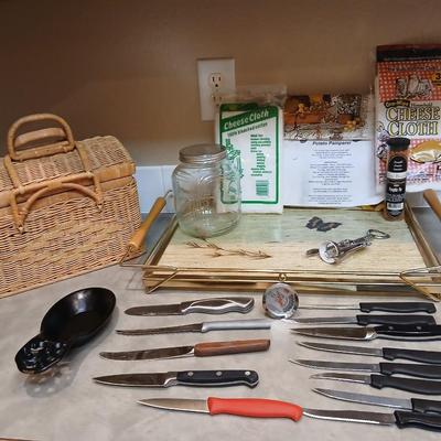 Kitchen knives - tray - wicker basket - cast iron spoon rest - cheese cloth and more