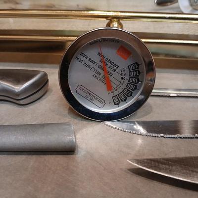 Kitchen knives - tray - wicker basket - cast iron spoon rest - cheese cloth and more