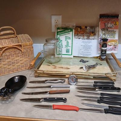 Kitchen knives - tray - wicker basket - cast iron spoon rest - cheese cloth and more