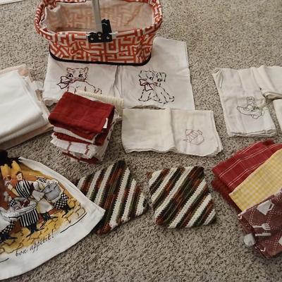 Kitchen towels - embroidered linens in a collapsible basket