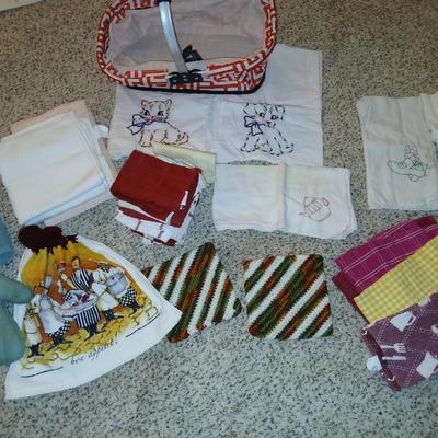 Kitchen towels - embroidered linens in a collapsible basket