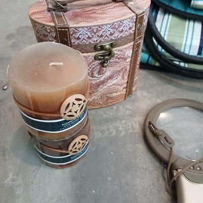 Savy caddy bag carry on size with curling iron, candle, decorative box, magnifier, and more