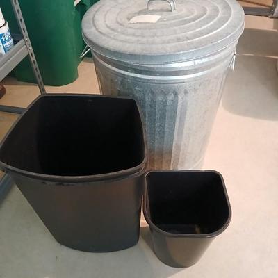 Metal lidded trash can with two additional trash cans
