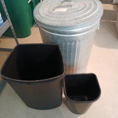Metal lidded trash can with two additional trash cans