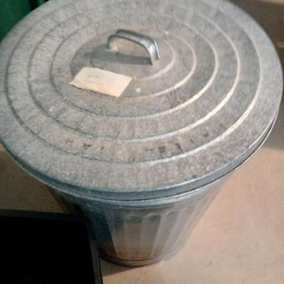 Metal lidded trash can with two additional trash cans