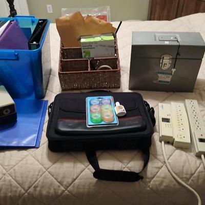 Home office supplies - 3 ring binders - metal box with key - Targus laptop case and much more