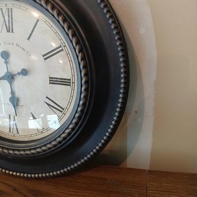 Drop leaf table on casters with Large Edinburgh Clock works co. wall clock