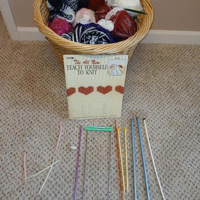 Large wicker basket with Knitting needles, and skeins of yarn - Teach yourself how to knit!