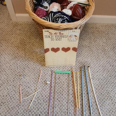 Large wicker basket with Knitting needles, and skeins of yarn - Teach yourself how to knit!