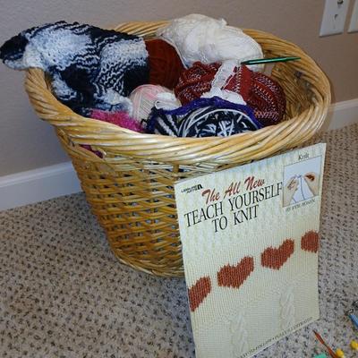 Large wicker basket with Knitting needles, and skeins of yarn - Teach yourself how to knit!