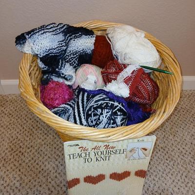 Large wicker basket with Knitting needles, and skeins of yarn - Teach yourself how to knit!