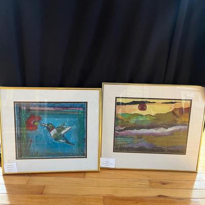 Mixed Media Framed Art by Eileen Ross: 'Hummingbird' & 'Red Moon' (S-MG)