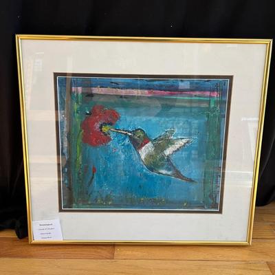 Mixed Media Framed Art by Eileen Ross: 'Hummingbird' & 'Red Moon' (S-MG)