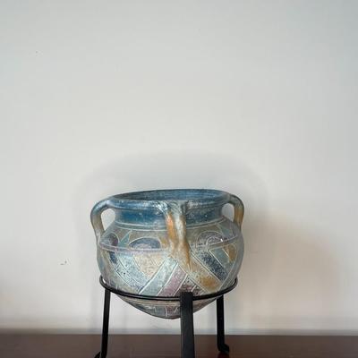 Vintage Hand Made Double Handle Pottery Bowl Planter on a Metal Stand