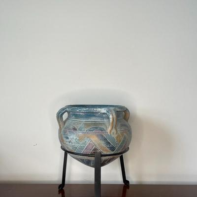Vintage Hand Made Double Handle Pottery Bowl Planter on a Metal Stand