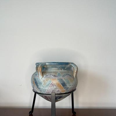 Vintage Hand Made Double Handle Pottery Bowl Planter on a Metal Stand
