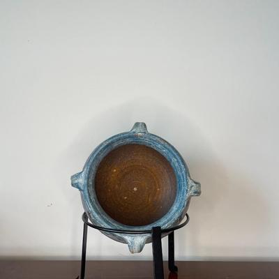 Vintage Hand Made Double Handle Pottery Bowl Planter on a Metal Stand