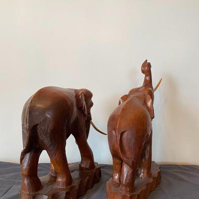 Wooden Hand Carve Mother and Father Elephant Figurines.