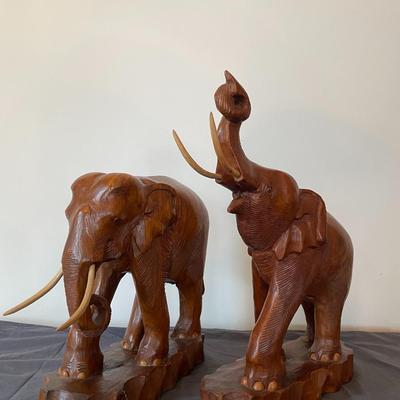 Wooden Hand Carve Mother and Father Elephant Figurines.