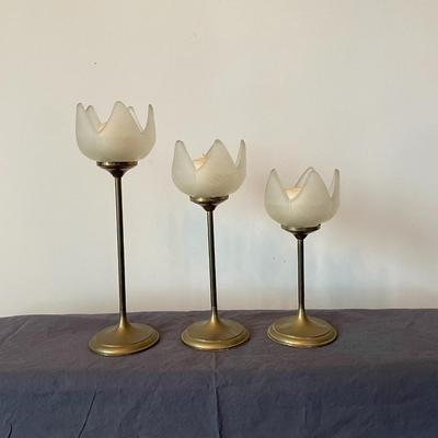 Set of 3 Frosted Glass and Brass Tulip Flower Candle Holders