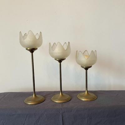 Set of 3 Frosted Glass and Brass Tulip Flower Candle Holders