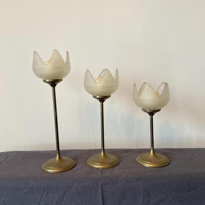 Set of 3 Frosted Glass and Brass Tulip Flower Candle Holders