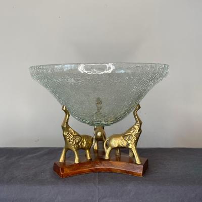 Vintage Cracked Glass Bowl with Brass Elephant Base