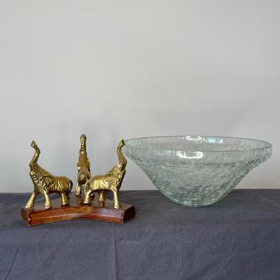 Vintage Cracked Glass Bowl with Brass Elephant Base