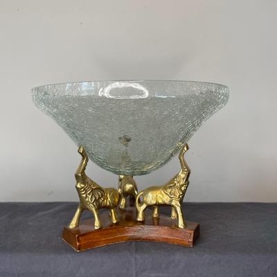 Vintage Cracked Glass Bowl with Brass Elephant Base