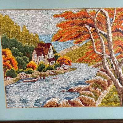Vintage Crewel Embroidery of A House by The River