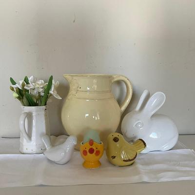 Sale Photo Thumbnail #1179: Yellow pitcher, two birds, one bunny and white pitcher with flowers
Yellow Pitcher: 8" high