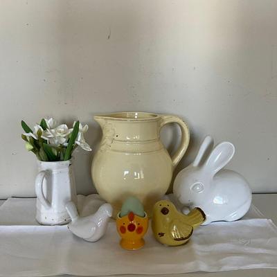 Sale Photo Thumbnail #1178: Yellow pitcher, two birds, one bunny and white pitcher with flowers
Yellow Pitcher: 8" high