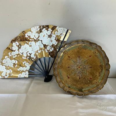 345 Floral Fan & Italian Gilt Wood Tray