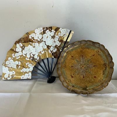 345 Floral Fan & Italian Gilt Wood Tray