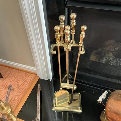 371 Two Brass End Irons & Fireplace Tools