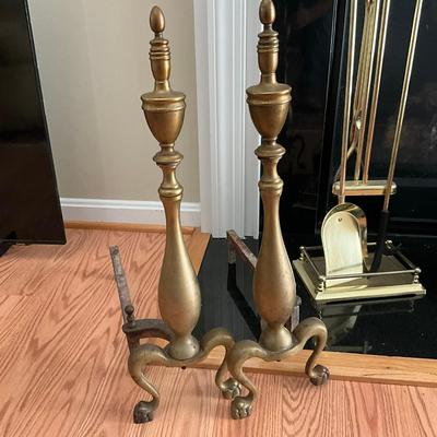 371 Two Brass End Irons & Fireplace Tools