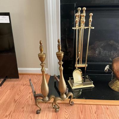 371 Two Brass End Irons & Fireplace Tools