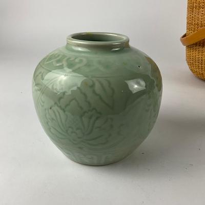 375 Asian Inspired Celadon Pottery With Wicker Basket